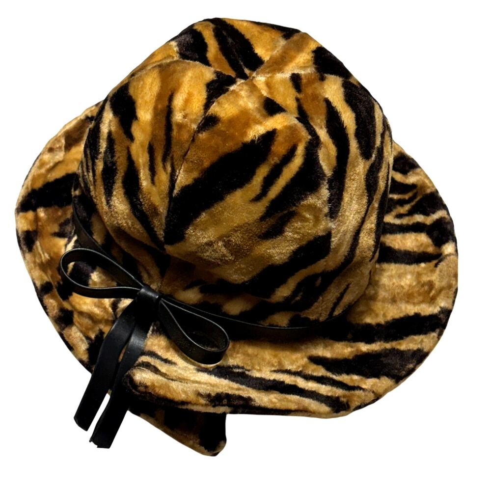 Vintage 60s 70s BELLINI Mod Faux Fur Velvet Animal Tiger Striped Women's Hat XS